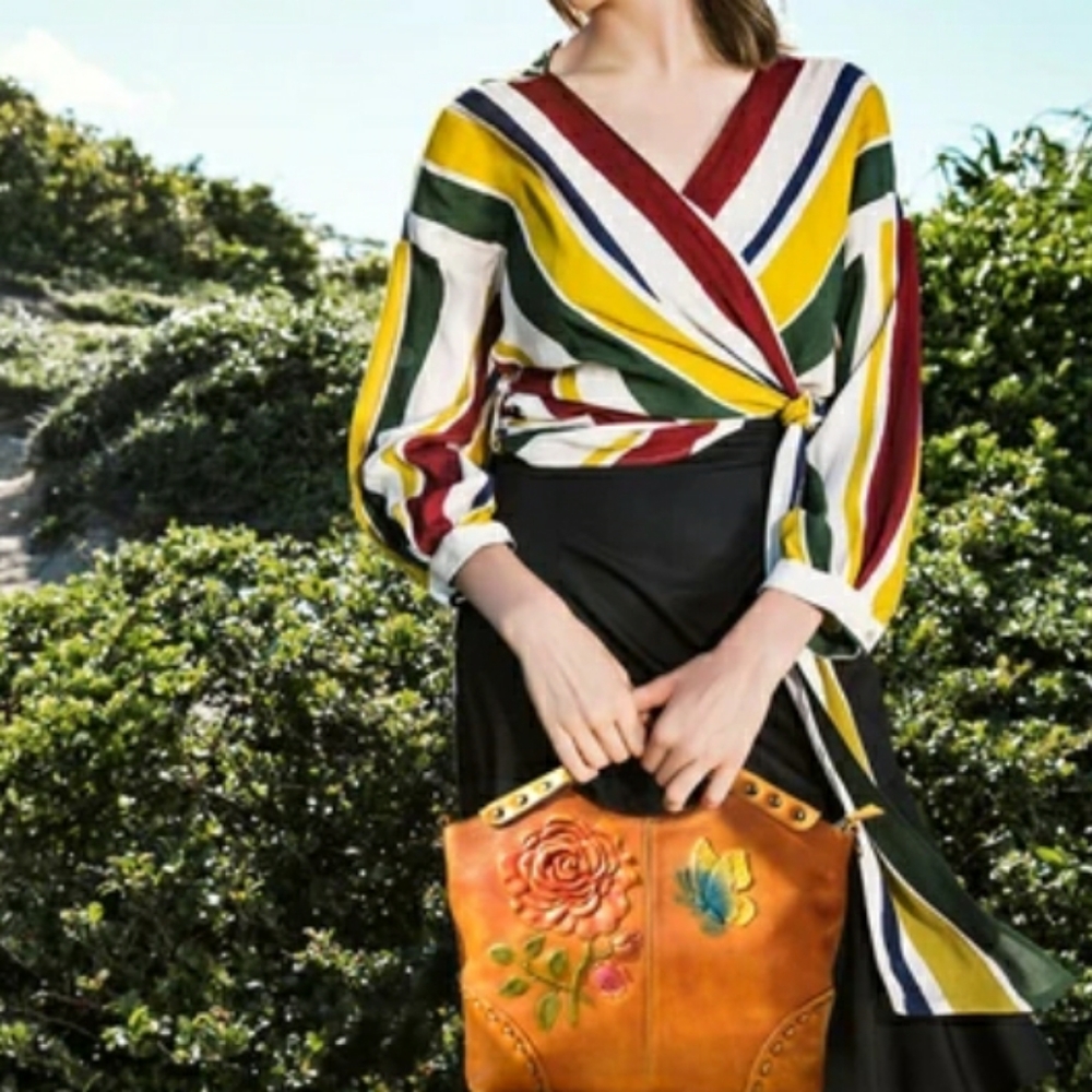ZARA Basic Collection Stripe Yellow Green Burgundy Beige Wrap Blouse size S